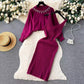 Round Neck Bead Women's Sweater High Waist Knit Dress Suit