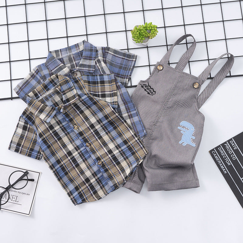 Summer Children's Suit Cotton Plaid Shirt Suspender Pants Two-piece Suit