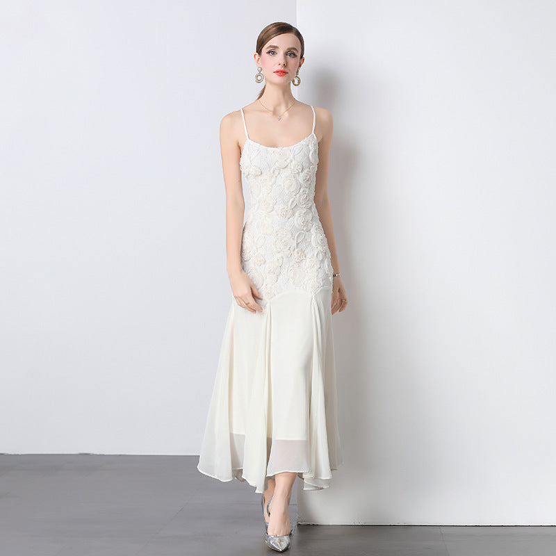 French Style Machine Embroidery Rose Flower Sling Dress
