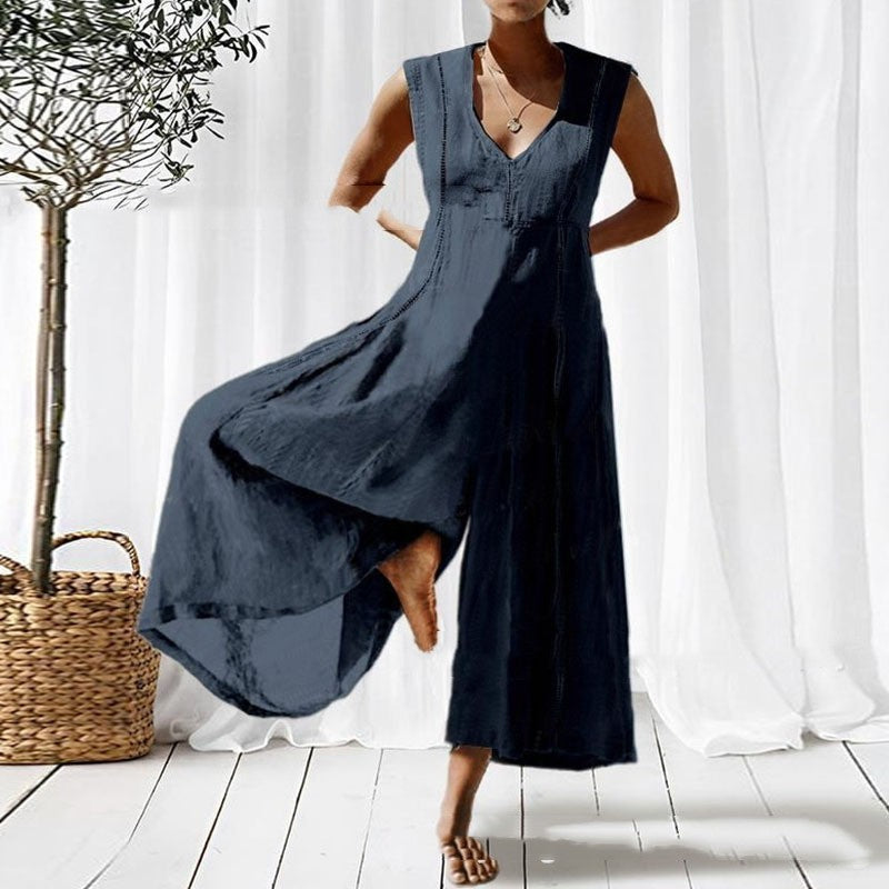 Combinaison ample longue sans manches à col en V pour femme