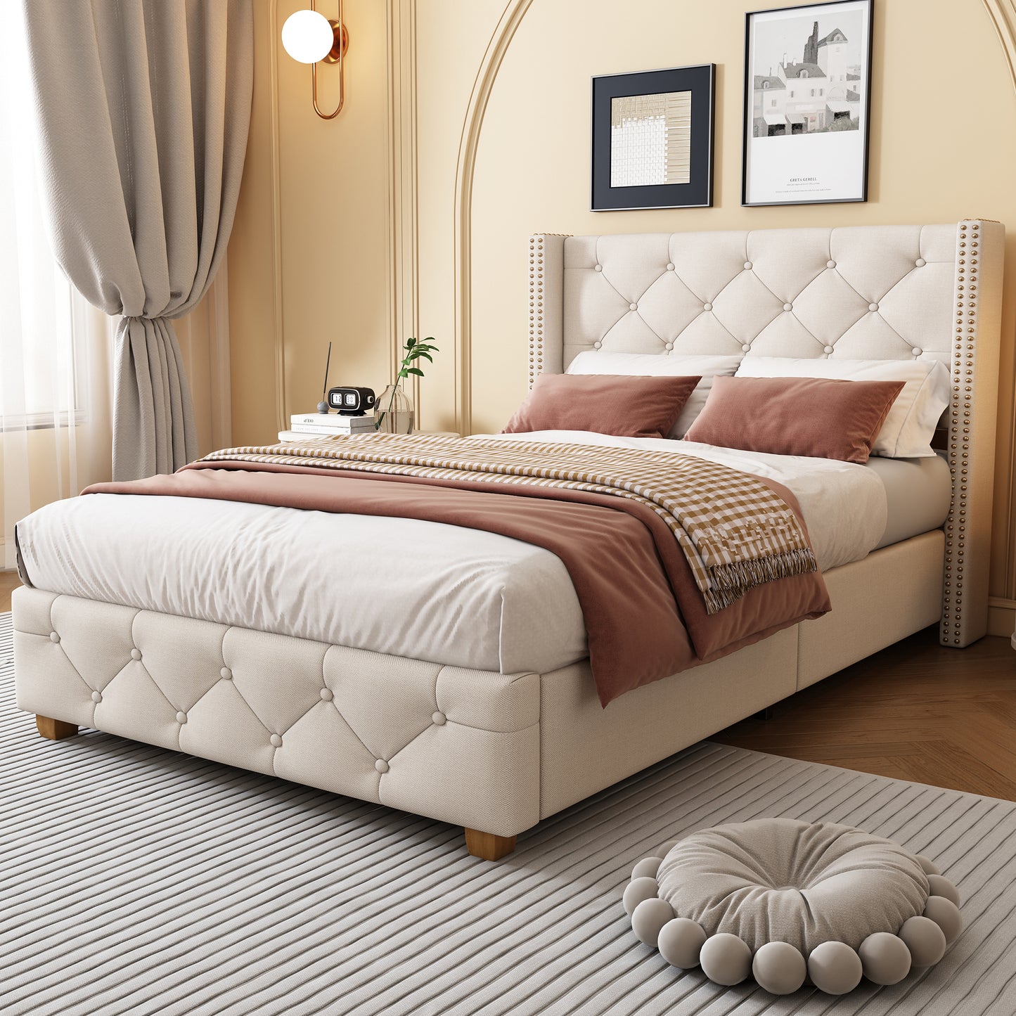 Upholstered Bed,Single Bed-3ft  90x190cm ,With Slatted Frame And Headboard, Button Upholstery, Rivet Upholstery, Wooden Legs, Linen, Beige