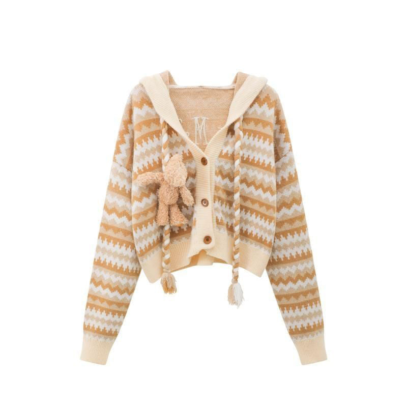 Cardigan tricoté à capuche vintage en trois dimensions avec ours marron