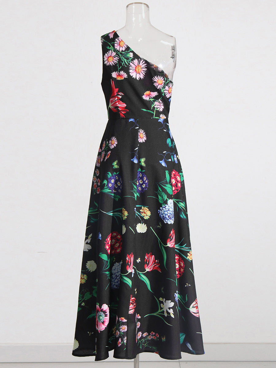 Lady Temperament Oblique Shoulder Sleeveless Waist Slimming Dress