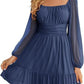 European And American Womens Mesh Long-Sleeve Square-Neck Dress