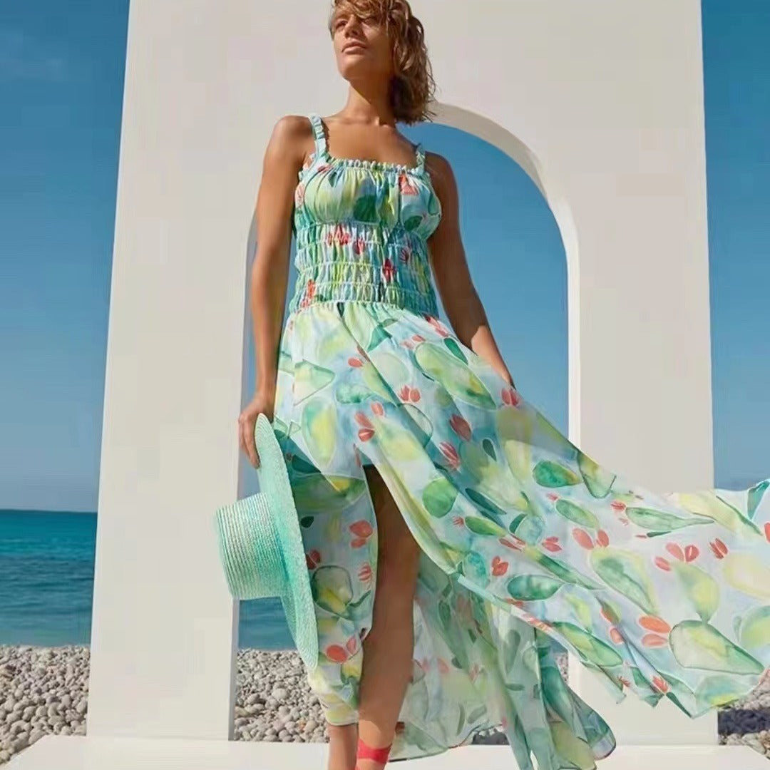 Robe longue sans bretelles à imprimé tendance pour les fêtes