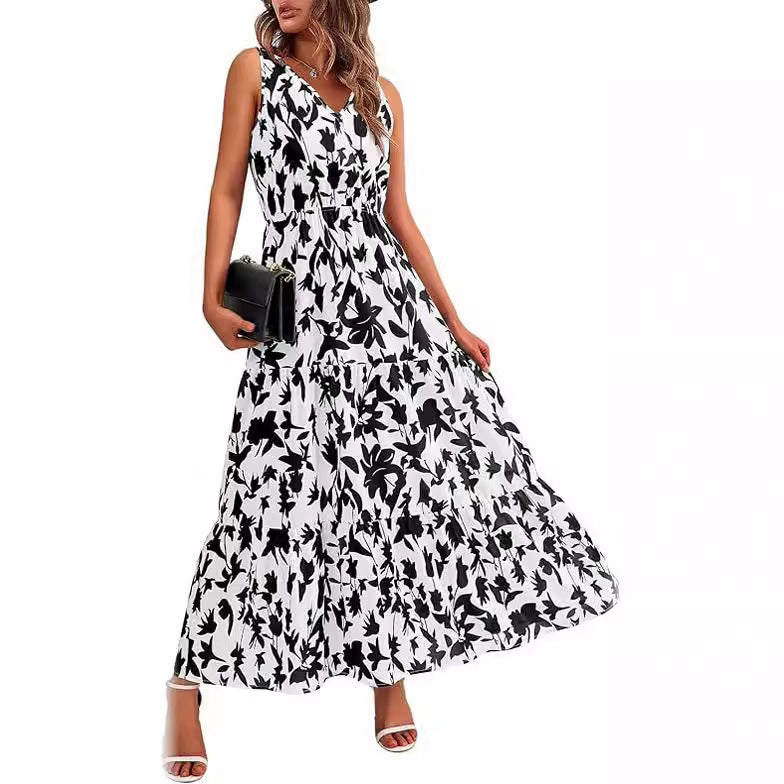 Robe imprimée à col en V et taille élastique pour femme