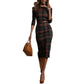 Classic Plaid Three-quarter-sleeve Boat-neck Bodycon Dress