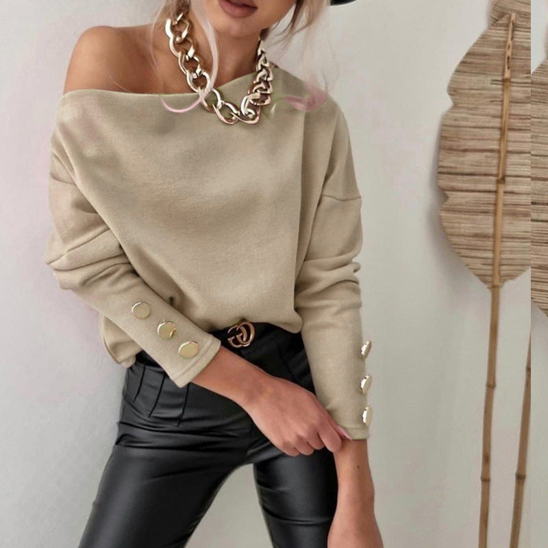 Slim-fit Women's Blouse With One-line Collar And Off-shoulder