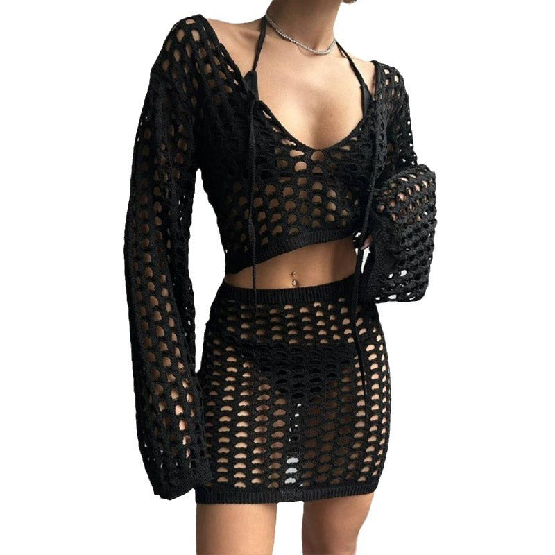 Maillot de bain bikini à col montant en tricot de couleur unie