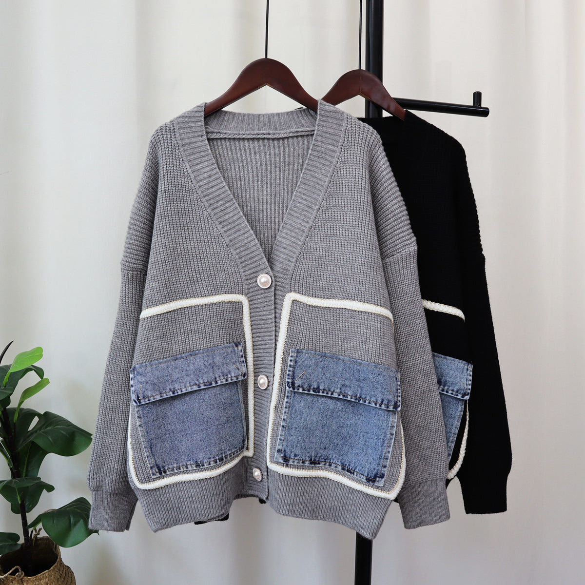Denim Pocket Knitted Cardigan Loose Design Temperament Versatile Sweater Coat
