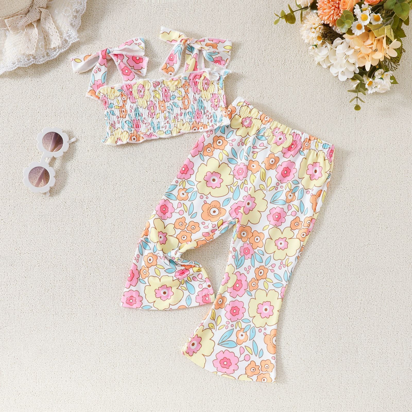 Ensemble deux pièces pour fille, haut court et pantalon à bretelles