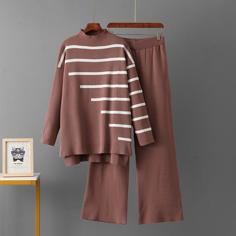 Striped Temperament Knitted Two-piece Turtleneck Sweater Loose Casual