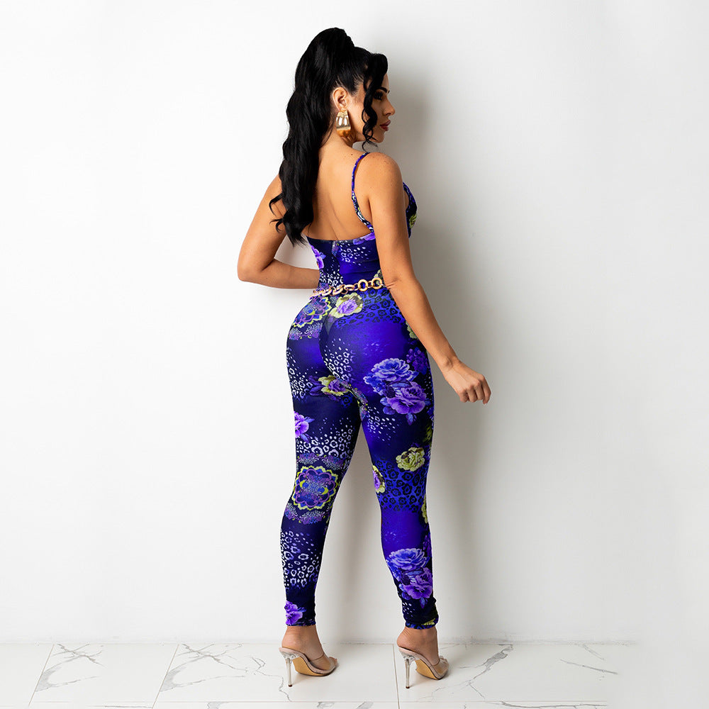 Suspender Mesh Printed Jumpsuit