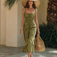Elegant Cotton-Linen Resort-Style Dress With Wide Straps And Ruffled Hem
