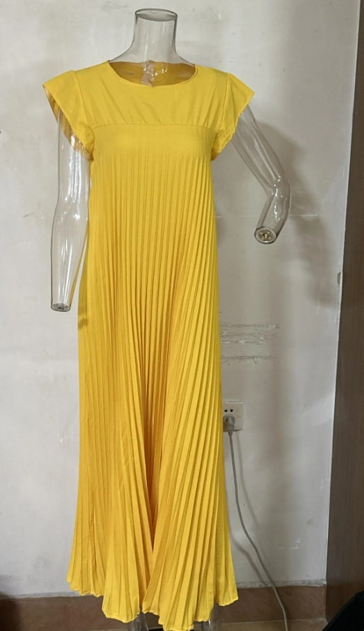 Robe longue plissée à manches courtes et col rond pour femme