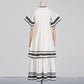 French Style Summer Tail Round-neck Flared Sleeves Lace-up Waist Solid Color Stripes Patchwork Long Dress Dress Women