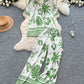 Bohemian-style Printed Short-sleeve Polo-collar Shirt And Wide-leg Pants Set