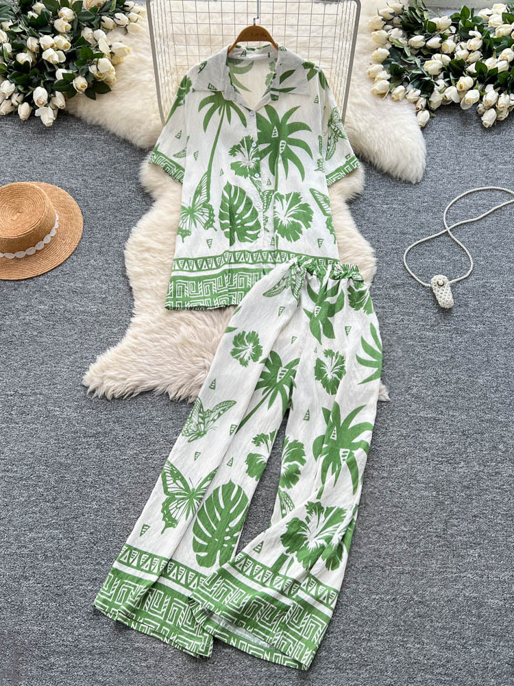 Bohemian-style Printed Short-sleeve Polo-collar Shirt And Wide-leg Pants Set