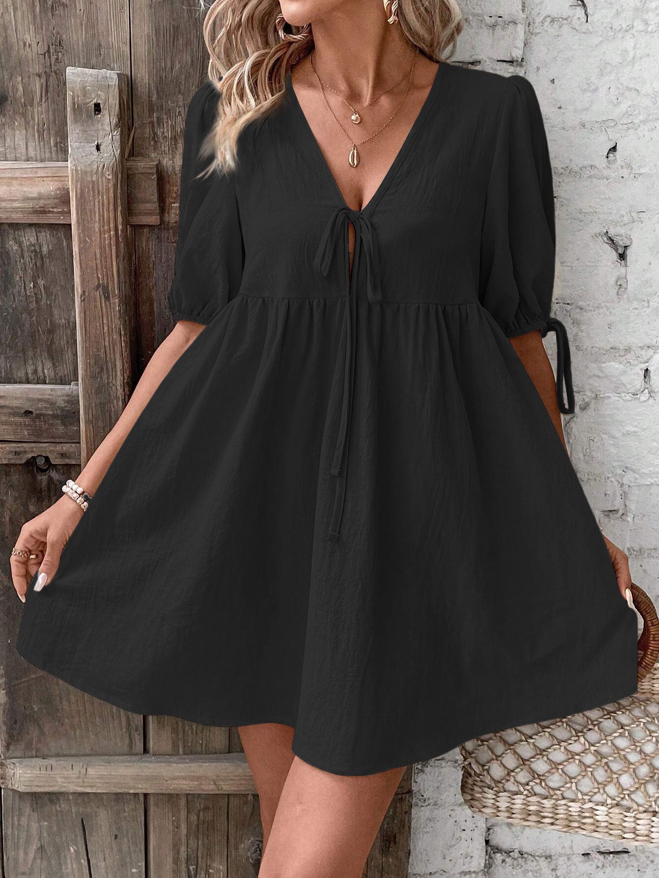 Loose-fit Woven Deep V-neck Designer Tie-front A-line Dress
