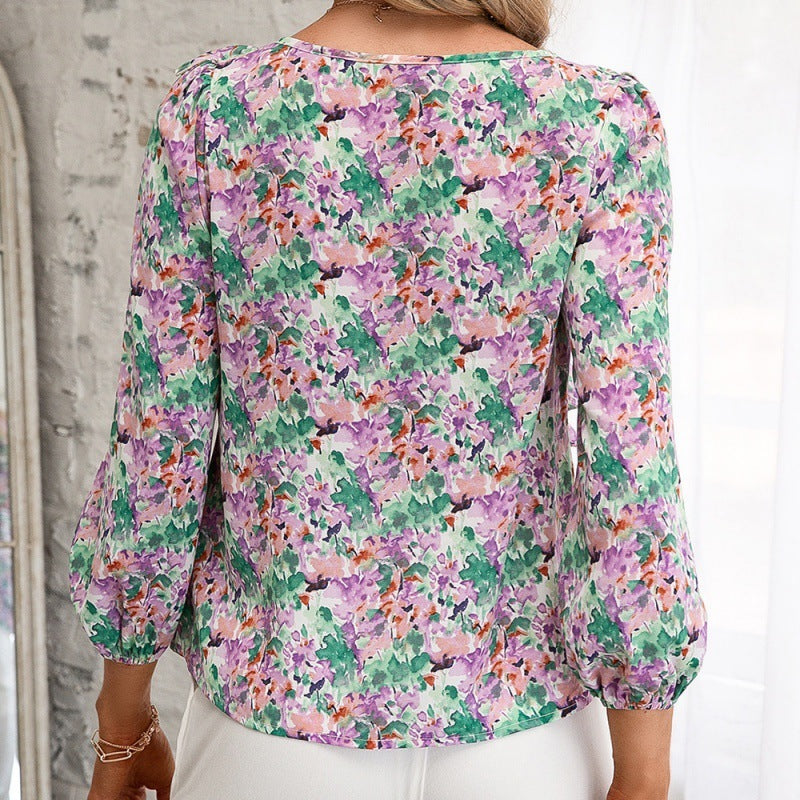 Temperament Commuting Small Floral Long-sleeved V-neck Shirt