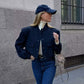Veste courte décontractée à simple boutonnage et col montant avec poches, vêtement d'extérieur à manches longues et tendance pour femme