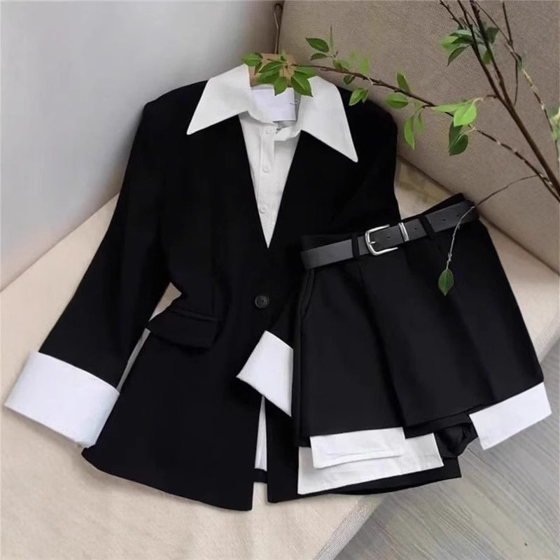 Two-piece Set Featuring A Faux Two-piece Midi Blazer Jacket And High-waisted Skirt Pants