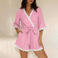 V-neck Fitted-waist Lace-trimmed Patchwork One-piece Shorts