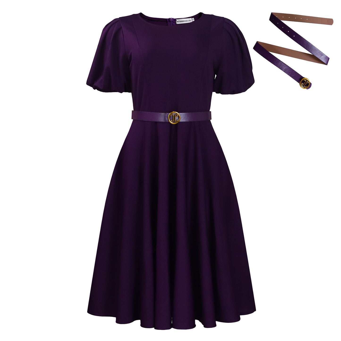 Elegant High-waisted Solid-color Round-neck Dress With Fashionable Balloon Sleeves