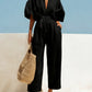 Fashionable V-Neck Solid Color Cotton-Linen Jumpsuit For Women