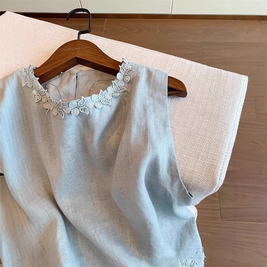 Blue 3D Lace Embroidered Linen Two-Piece Set