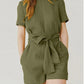 Cotton Linen Solid Color Round Neck Short Sleeves Pocket Lace-up Waist-controlled Casual One-piece Pant Belt Belt