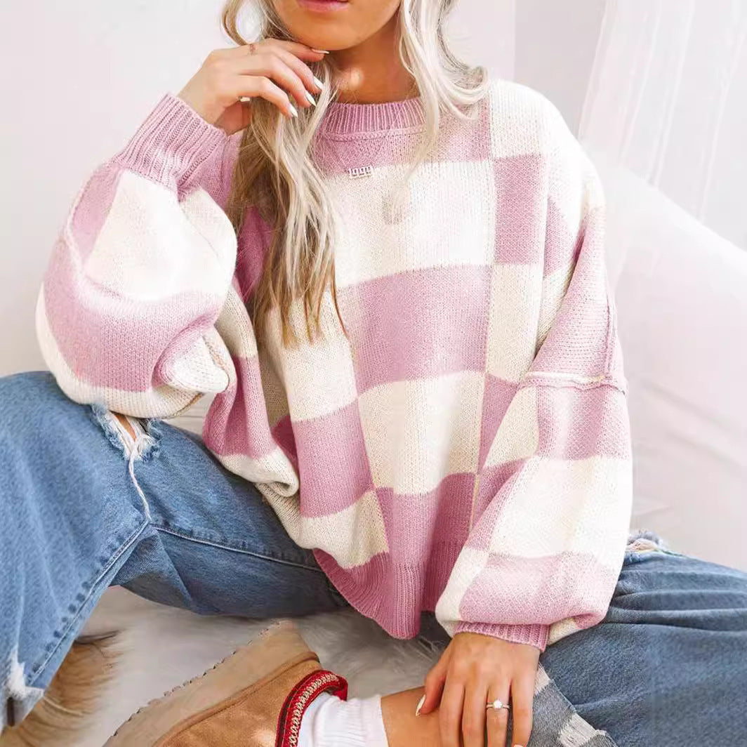 Pull à carreaux contrastés, style ample et décontracté, avec coutures