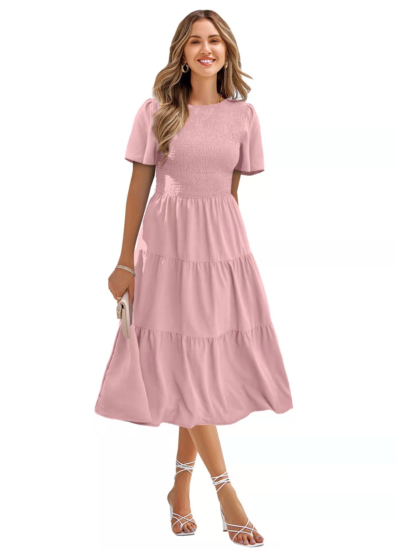 Robe de vacances à smocks et col rond, printemps et été