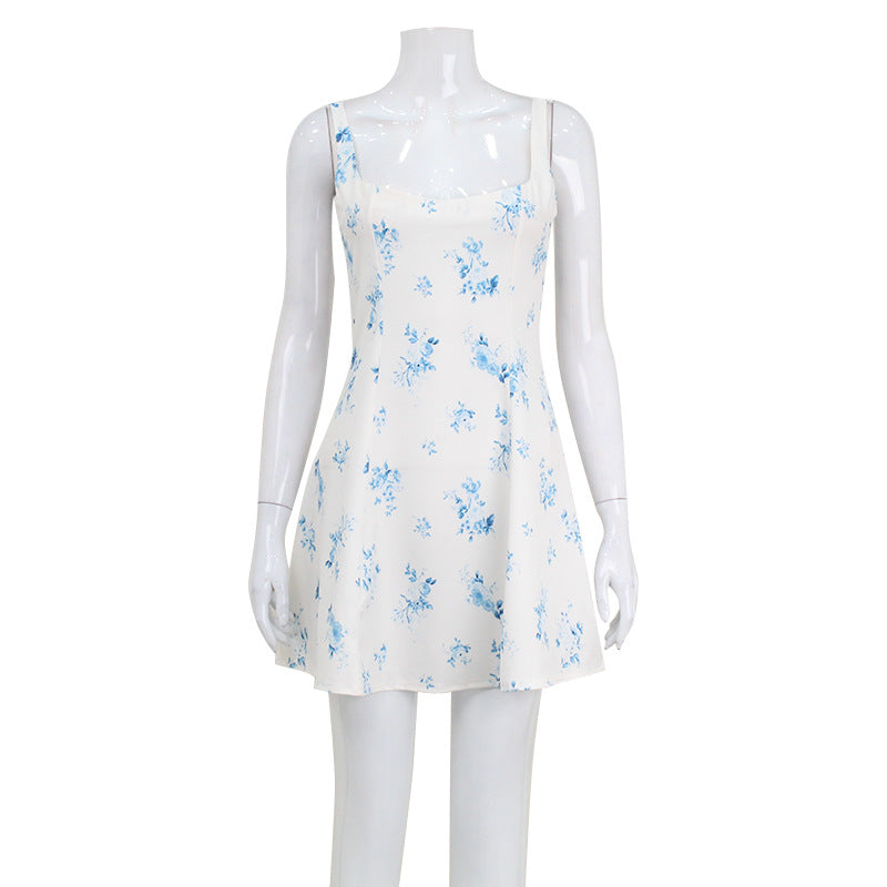 Printed Slip Dress With A Square Neckline And Open Back Featuring A Floral Pattern