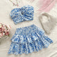 Blue Printing Tube Top Short Skirt Suit