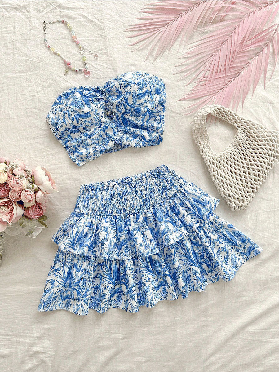 Blue Printing Tube Top Short Skirt Suit