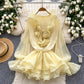 Womens Solid-Colored V-Neck 3D Floral Lace-Up Ruffled Chiffon Dress