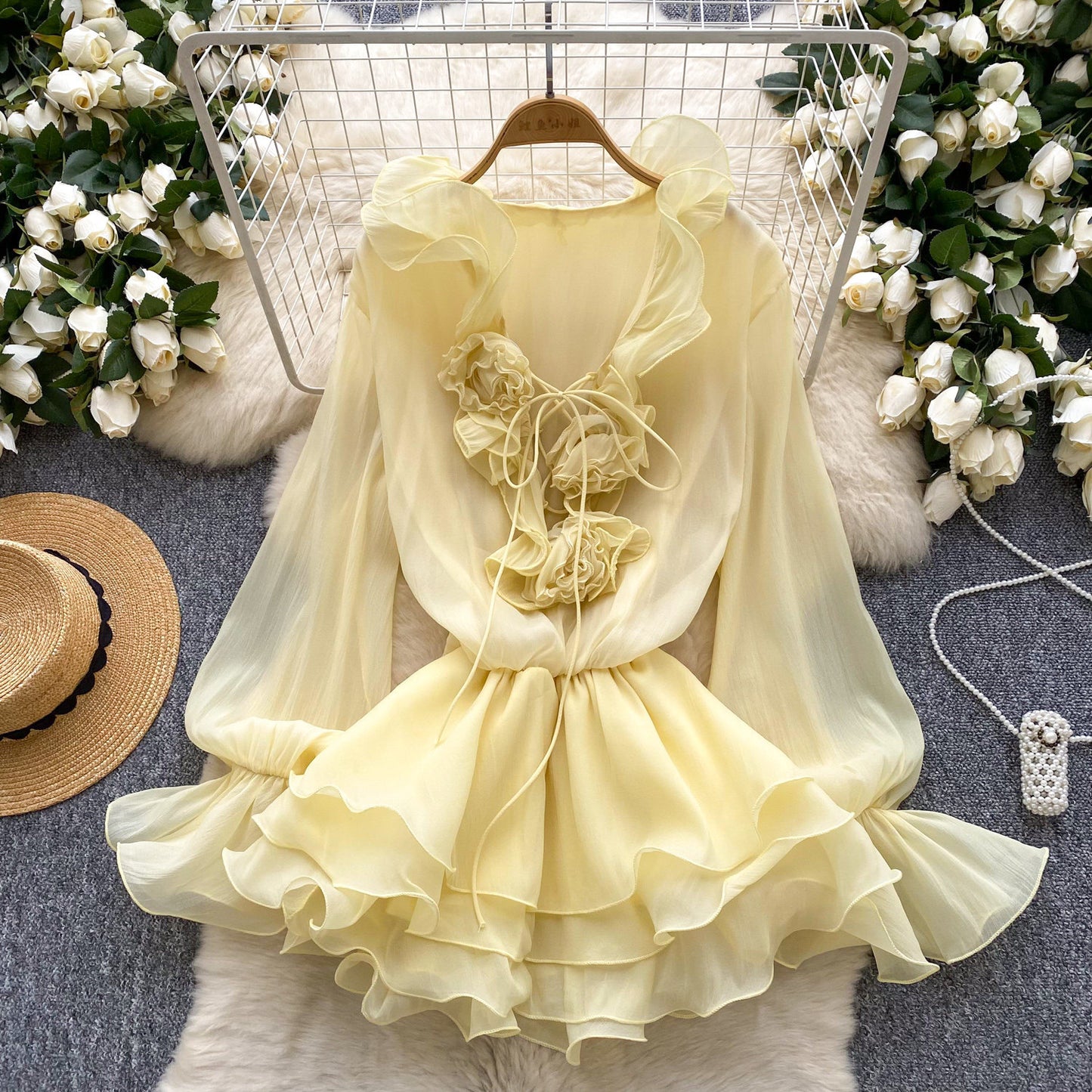 Womens Solid-Colored V-Neck 3D Floral Lace-Up Ruffled Chiffon Dress