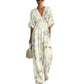 Waist-cinched V-neck Printed Womens Jumpsuit