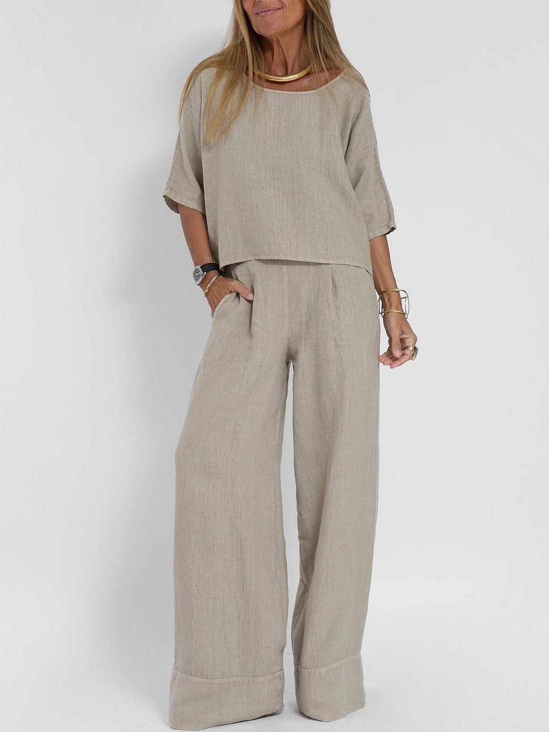 Ensemble pantalon large décontracté en coton et lin pour femme, manches courtes