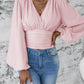 V-neck Sleeve Solid Color Pleated Women's Long-sleeved Top