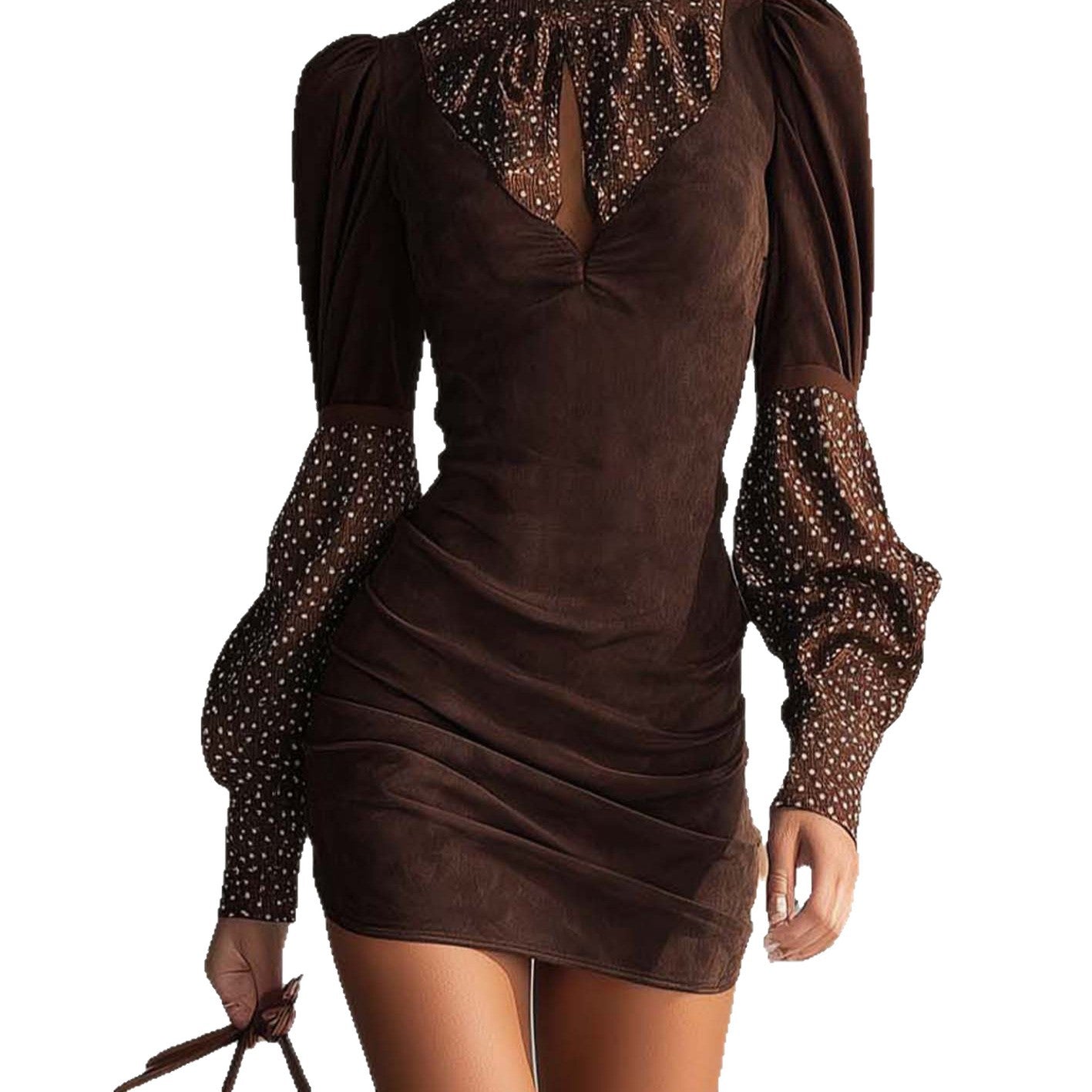 Silk-like Polka-dot Spliced Suede Sheath Skirt