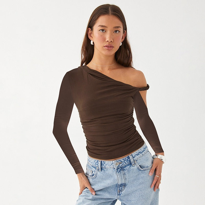 Diagonal Collar Pleated Asymmetric Long-sleeved Top For Women