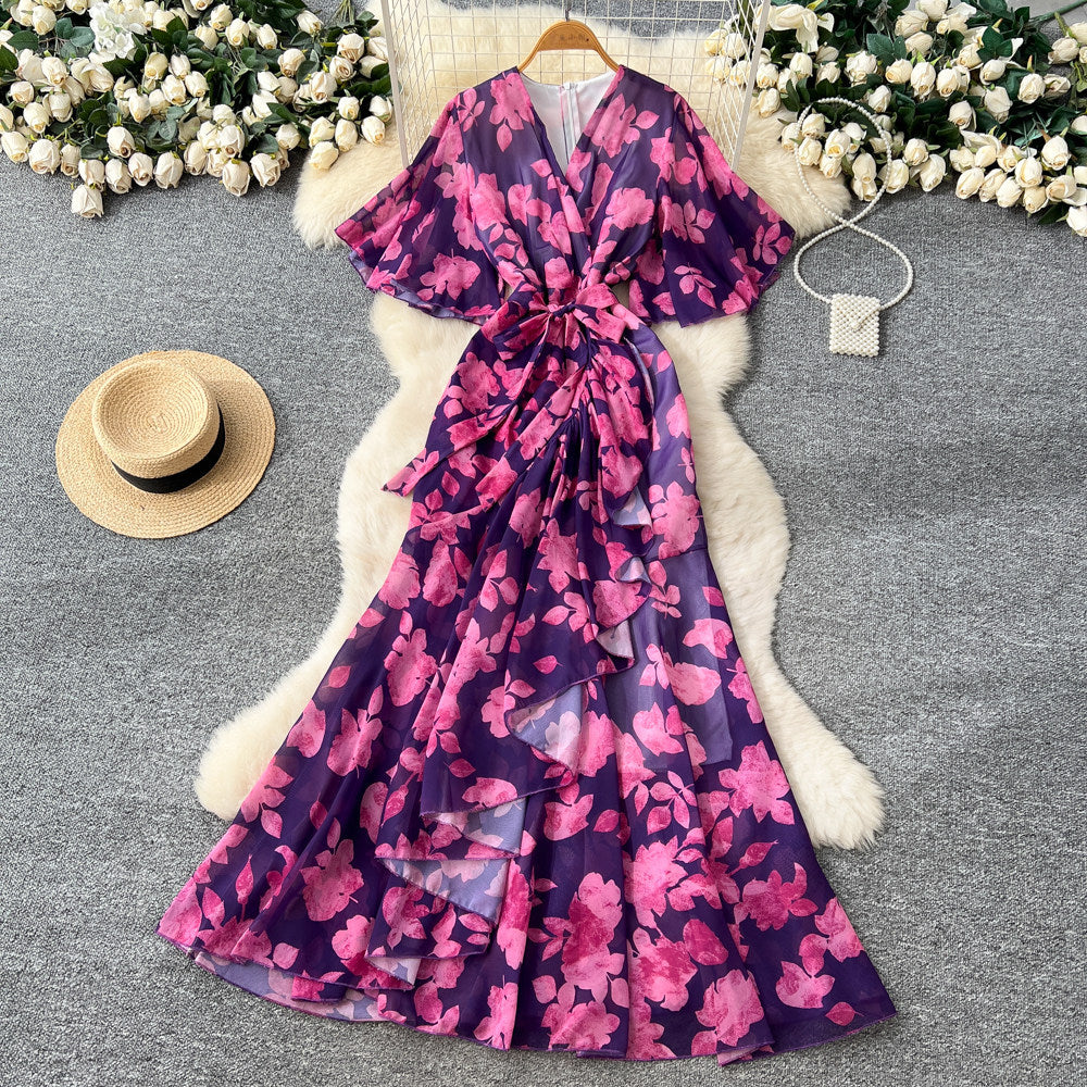 Strap-tied Waist V-Neck Irregular Print Chiffon Maxi Dress