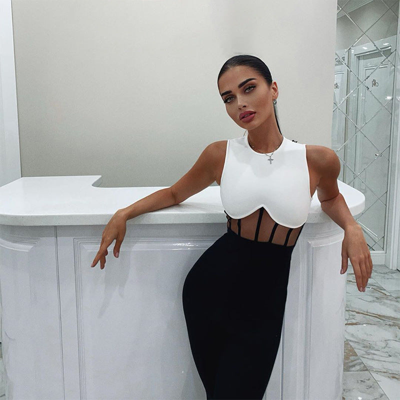 Cross-border Black And White Stitching Mesh See-through Women's Tight Dress