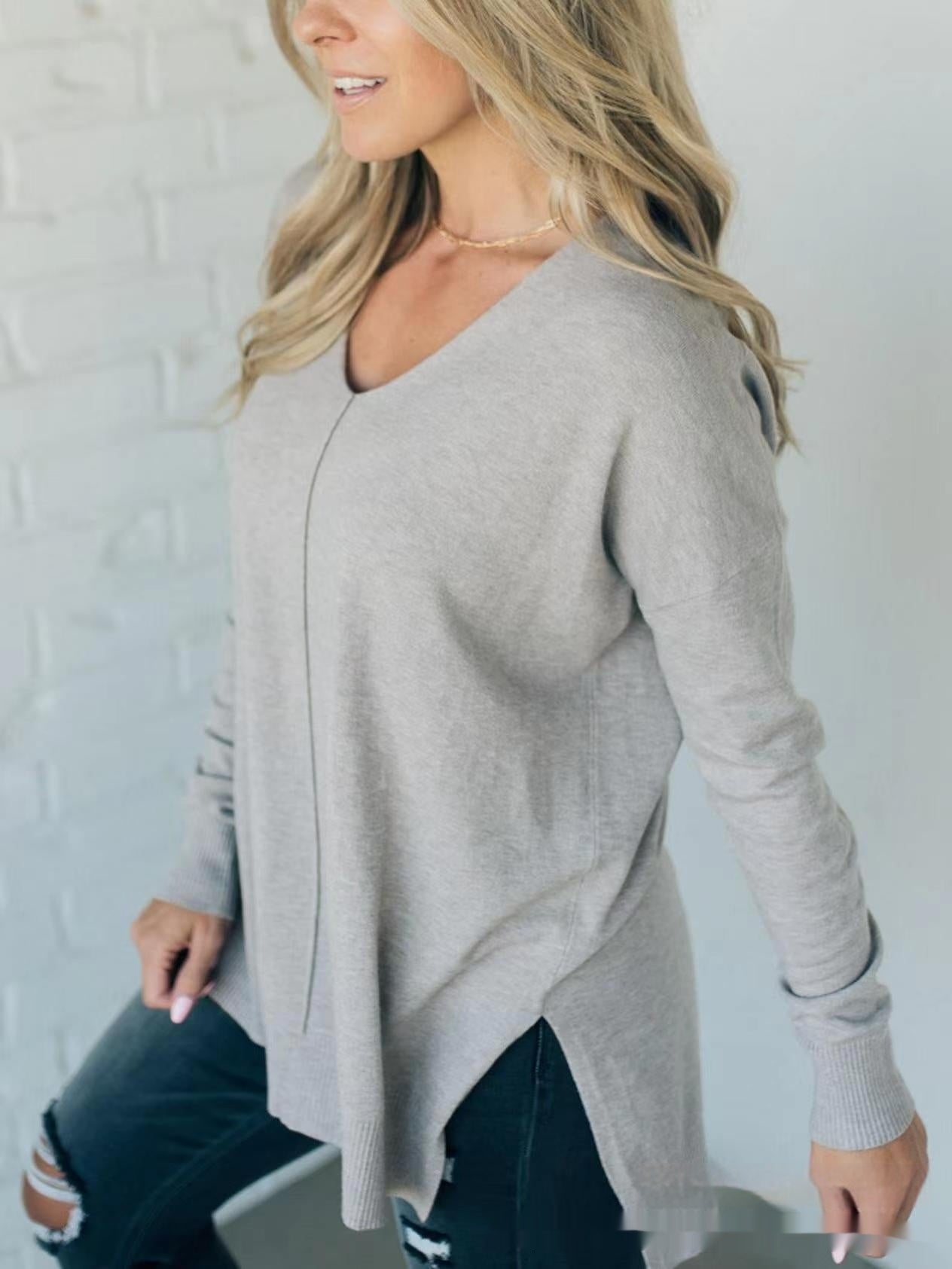 Pull ample à manches longues pour femme, design cousu sur le devant