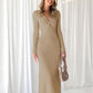 Robe longue en tricot à col en V et manches longues pour femme