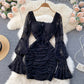 Women's Temperament Square Neck Lace Perspective Lantern Sleeve Waist Bag Hip Dress