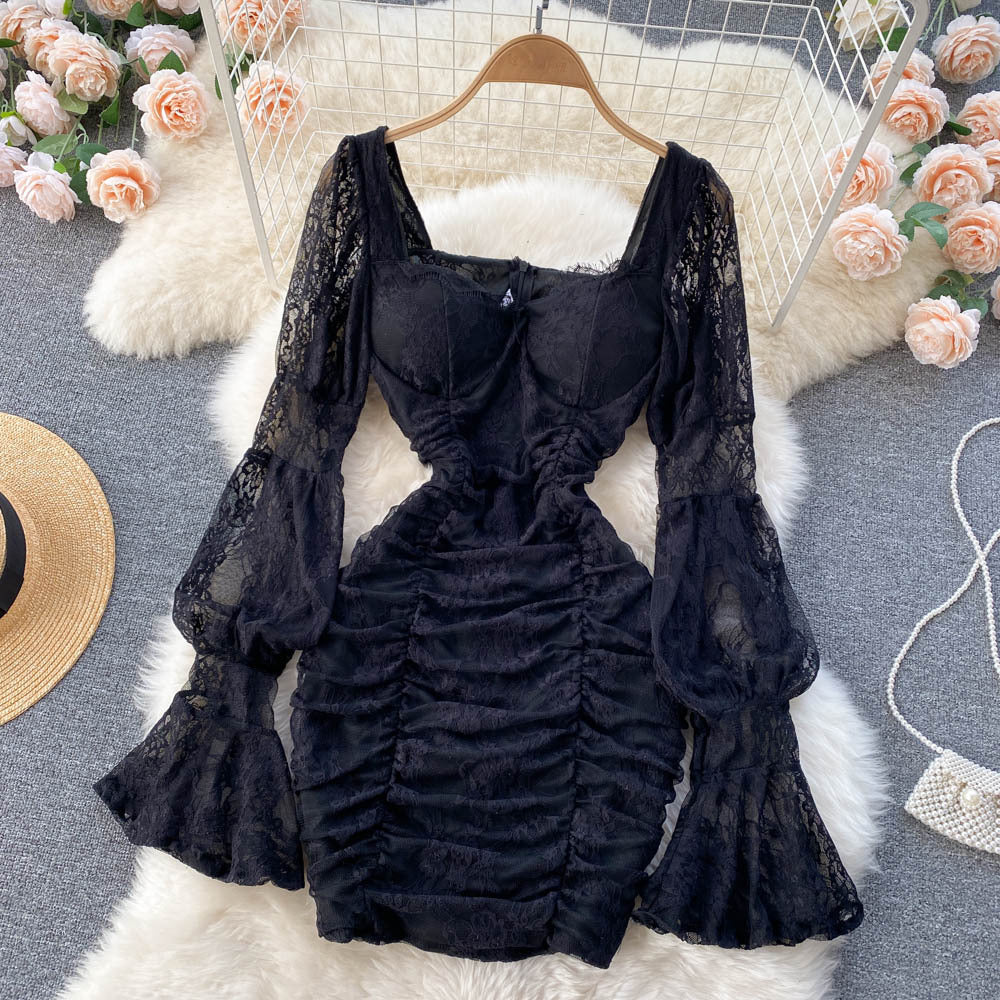 Women's Temperament Square Neck Lace Perspective Lantern Sleeve Waist Bag Hip Dress