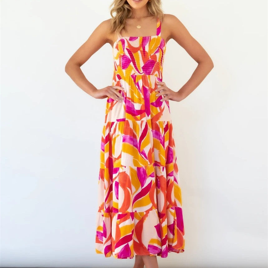 Spaghetti-strap Floral Print Pleated Dress